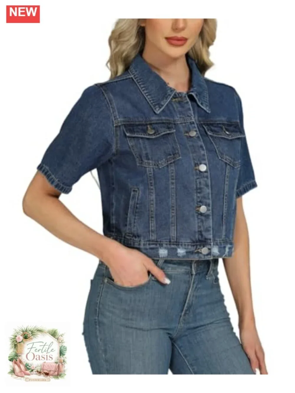 Cropped Denim Jacket Women Short Sleeve Casual Ripped Distressed Trucker Coat